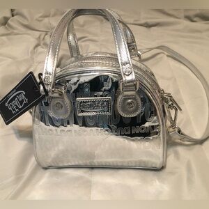 Von Dutch Y2K Silver Foil Reflective Embossed Bowling Bag Purse NWT